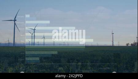 Bild der Datenverarbeitung und Diagramme über Windturbinen auf dem Feld Stockfoto