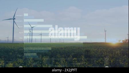 Bild der Datenverarbeitung und Diagramme über Windturbinen auf dem Feld Stockfoto