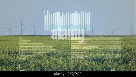 Bild der Datenverarbeitung und Diagramme über Windturbinen auf dem Feld Stockfoto