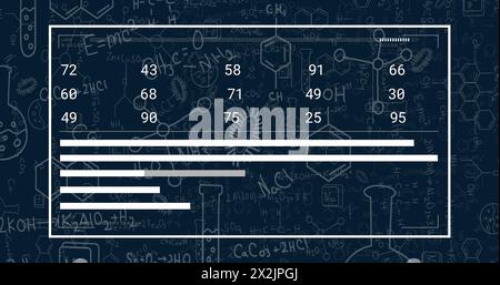 Bild der Datenverarbeitung über chemischer Formel und Symbolen auf schwarzem Hintergrund Stockfoto