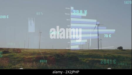Bild der Datenverarbeitung und Diagramme über Windturbinen auf dem Feld Stockfoto
