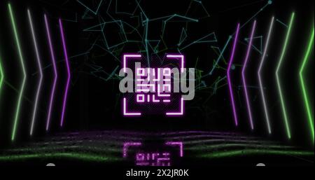 Bild des qr-Codes über Neonformen und Netzwerk von Verbindungen auf schwarzem Hintergrund Stockfoto