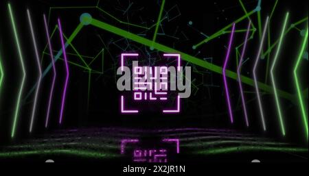 Bild des qr-Codes über Neonformen und Netzwerk von Verbindungen auf schwarzem Hintergrund Stockfoto