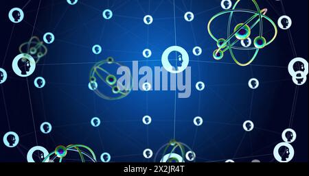 Bild des Globus mit Netzwerken von Verbindungen, wissenschaftlicher Datenverarbeitung und KI-Symbolen Stockfoto