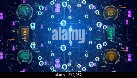 Bild des Globus mit Netzwerken von Verbindungen, wissenschaftlicher Datenverarbeitung und KI-Symbolen Stockfoto