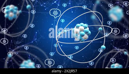 Bild des Globus mit Netzwerken von Verbindungen, wissenschaftlicher Datenverarbeitung und KI-Symbolen Stockfoto