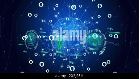 Bild des Globus mit Netzwerken von Verbindungen, wissenschaftlicher Datenverarbeitung und KI-Symbolen Stockfoto