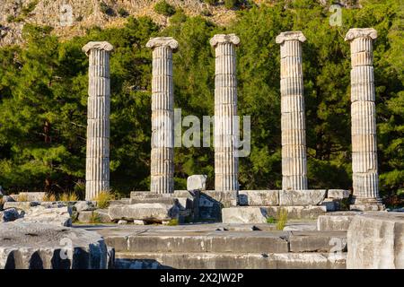 Ruinen des Tempels der Athene in der antiken griechischen Stadt Priene, Türkei Stockfoto