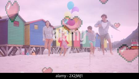 Bild von Herzsymbolen über glückliche kaukasische Familie, die am Strand läuft Stockfoto