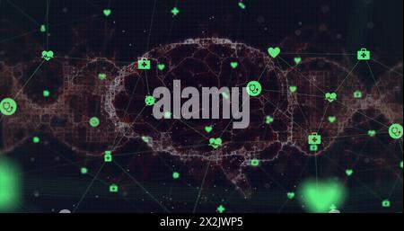 Digitales Bild des Netzes medizinischer Ikonen gegen menschliches Gehirn, das sich vor schwarzem Hintergrund dreht Stockfoto