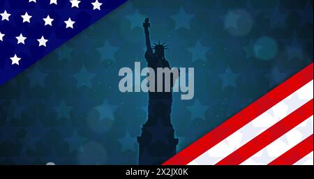 Bild der Flagge der usa über der Freiheitsstatue auf blauem Hintergrund Stockfoto