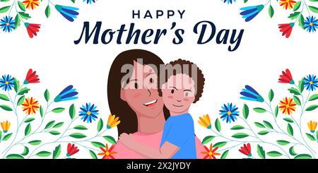Vektor-flaches Muttertag-horizontales Banner mit Mutter, die den Sohn trägt Stock Vektor