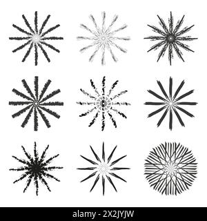 Schwarze abstrakte Starburst-Kollektion. Dynamische radiale Linienkonstruktion. Symbole für Explosionseffekte. Vektorabbildung. EPS 10. Stock Vektor