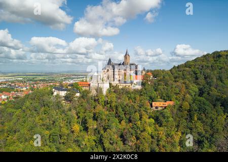 Blick aus der Vogelperspektive auf das berühmte Schloss Wernigerode, im wunderschönen goldenen Abendlicht, Sachsen-Anhalt, Deutschland Stockfoto