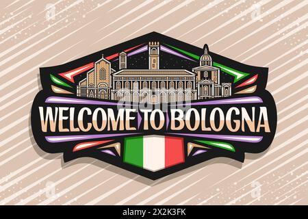 Vektor-Logo für Bologna, dekoratives Schild mit Linienillustration der berühmten europäischen bologna Stadtlandschaft auf nächtlichem Himmel Hintergrund, Kunstdesign-Tourist Stock Vektor