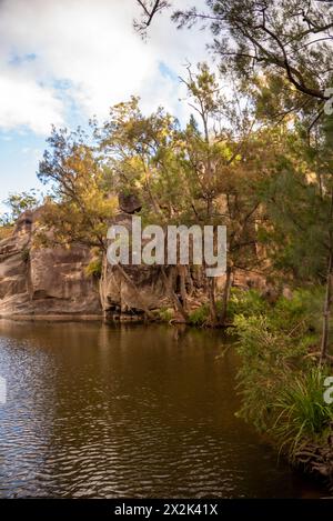 Atemberaubende australische Outback-Buschszene mit hellblauem Himmel und See, Billabong im Blick. Stockfoto