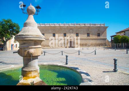 Brunnen und Dogenpalast. Plaza Mayor, Cogolludo, Provinz Guadalajara, Kastilien-La Mancha, Spanien. Stockfoto