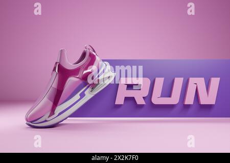 3D Illustration Lila neue Sportschuhe auf einer riesigen Schaumstoffsohle, Sneaker in hässlichem Stil. Modische Turnschuhe. Stockfoto