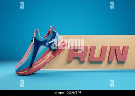 3D Illustration blaue neue Sport-Sneakers auf einer riesigen Schaumstoffsohle, Sneakers in einem hässlichen Stil. Modische Sneakers. Stockfoto