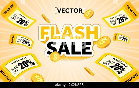 3D Flash Sale Banner Vorlage mit fliegenden Coupons und Münzen, isoliert auf Hintergrund. Poster zum Verschenken des Gutscheins. Coupon-Code-Angebot mit Sonderangebot. Vektorabbildung. Vektorabbildung Stock Vektor