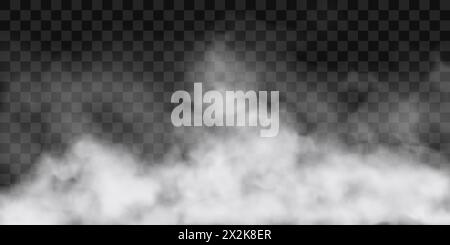 Kriechender weißer Nebel. Rauch- oder Gaswolken. Weiße Trübung. Realistischer Vektor auf transparentem Hintergrund. Stock Vektor