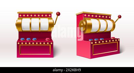 3D-Slot-Maschine in verschiedenen Blickwinkeln eingestellt. Realistische Vektor-Illustration des roten Casino Jackpot Spielgerät mit Rad und goldenem Griff Hebel. Retro Lucky Bandit for Fortune Chance Konzept. Stock Vektor