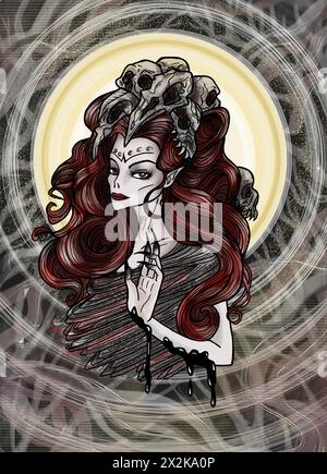 Schaurige Illustration mit einer schönen Frau als Dämon mit Schädeln im Haar. Esoterische, mystische und gotische Konzepte, Halloween-Hintergrund, Saibling Stockfoto
