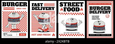 Funky Burger Poster im Retro-Groovigen Stil. Trendige Illustration. Cooles Maskottchen für Café, Bar, Restaurant. Stock Vektor