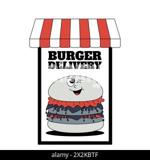 Express-Lieferkonzept im Retro-Groovy-Stil. Burger- oder Fast Food-Service, Bestellung, schneller und kostenloser Versand. Trendiges Design Stock Vektor