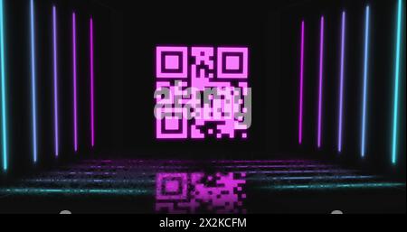 Bild des qr-Codes über Neonformen auf schwarzem Hintergrund Stockfoto