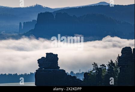 Gohrisch, Deutschland. April 2024. Nebelschwaden am Morgen entlang der Schrammsteine in der Sächsischen Schweiz zwischen dem Hunskirche-Felsen auf dem Papststein (im Vordergrund). Robert Michael/dpa/Alamy Live News Stockfoto