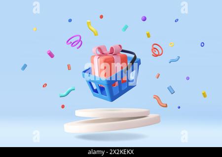 3D-Warenkorb mit Konfetti und Geschenkbox. Warenkorb. Online-Shopping. E-Commerce und digitales Marketing. Verkauf von Waren. 3D-Rendering. Stock Vektor