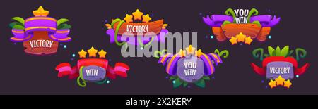 Gewinner-ui-Spiel-Symbol. Casino Victory Interface Popup für Banner. Elementvorlage für Abzeichen in der mobilen App gewinnen. Bonus Achievement Bildschirmrahmen für Jackpot mit Text. Spielset mit tropischen Rang-Buttons Stock Vektor