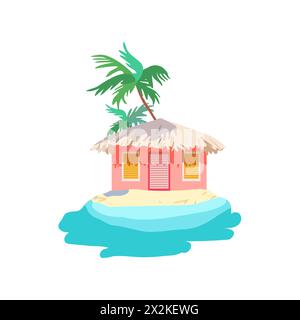 Isolierter rosafarbener Bungalow Strohdach Gelber Sand tropische Palme Meer Küste Urlaub Marine flacher Vektor Druck Sommer Poster Kleidung Papier Stock Vektor