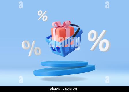 3D-Warenkorb mit Prozentsätzen. Warenkorb mit Geschenkbox. Hintergrund der Werbeaktion. Werbebanner, Webposter. 3D-Rendering. Vektorabbildung Stock Vektor