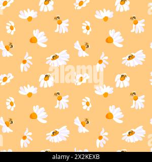 Sommermuster Gänseblümchenbiene gelber Hintergrund. Dekoratives nahtloses Design mit weißen Insektenblumen. Quadratische Postkartenvorlage Vektorillustration Stock Vektor