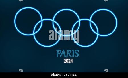 Olympiade: Neonblaue Ringe auf dunklem Hintergrund. Paris 2024 Neon-Logo. Stockfoto