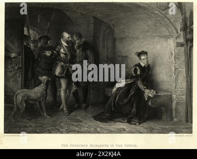 Vintage Illustration, Tudor History, Prinzessin Elizabeth, später Elizabeth I., Gefangene im Tower of London, nach Malerei von Robert Alexander Hillingford, 19. Jahrhundert Stockfoto