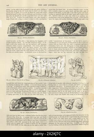 Vintage Illustration mittelalterliche englische Holzschnitzerei, Misereres, Misericord, eine kleine Holzstruktur, die auf der Unterseite eines Klappsitzes in einer Kirche gebildet wurde Stockfoto