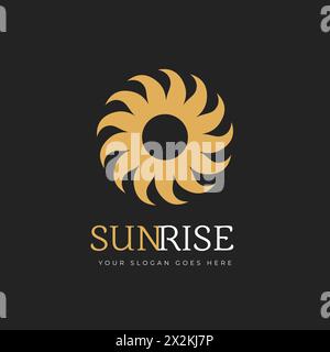 Abstraktes Sun-Logo. Goldenes Sonnenaufgangssymbol mit Wirbelstrahlen. Illustration des Rohvektors auf dunklem Hintergrund isoliert. Stock Vektor