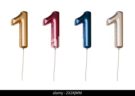Folienballons in Form von Nummer eins in verschiedenen Farben. Isoliert auf weißem Hintergrund. 3D-gerenderte Abbildung. Stockfoto