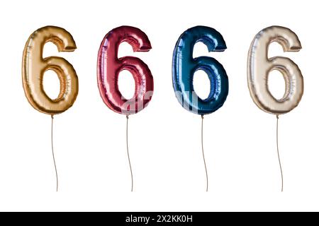 Zahl sechs geformte Folienballons in verschiedenen Farben. Isoliert auf weißem Hintergrund. 3D-gerenderte Abbildung. Stockfoto