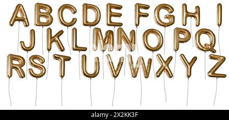 Viele goldene Ballons in Buchstabenform aus Folie. Isoliert auf weißem Hintergrund. 3D-gerenderte Abbildung. Stockfoto