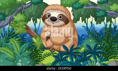 Vektor-Illustration eines glücklichen Faultieres im Wald Stock Vektor