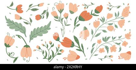 Blumenset. Wildblumen und Blätter Elemente Ornament. Vektor flache handgezeichnete Illustration. Stock Vektor