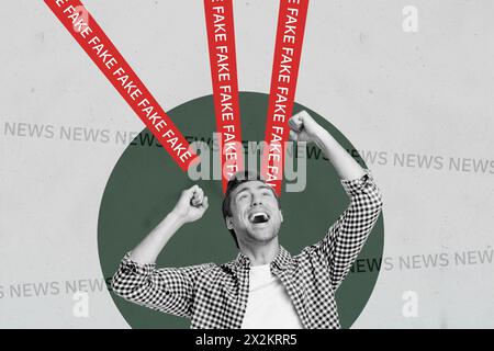 Trendgrafik Skizzenbild 3D-Fotocollage des jungen Kunden hebt die Hände nach oben und blickt Happy Smile gefälschte Nachrichten Müll Gehirnwäsche-Inhalte Stockfoto