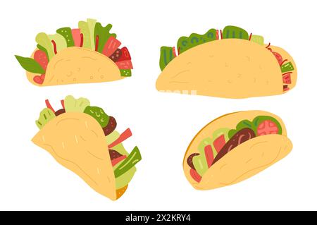 Tacos Set mexikanisches Fast Food. Traditionelle Kulturküche Tortilla mit Rindfleisch, Salat, Gemüse. Vektor flache handgezeichnete Illustration isoliert auf weiß Stock Vektor