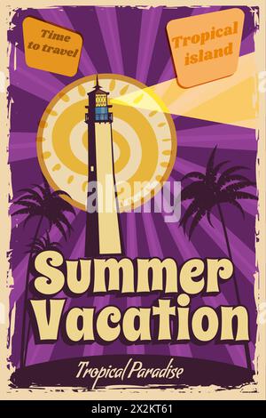 Poster Sommerurlaub Retro, Segelschiff auf dem Meer, Insel, Küste, Palmen Stock Vektor