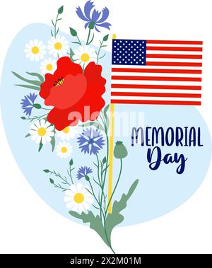 Memorial Day Postkarte. Amerikanische Flagge mit Blumenstrauß, rotem Mohn, blauen Kornblumen und weißer Kamille. Vektor-Illustration für Design National tra Stock Vektor