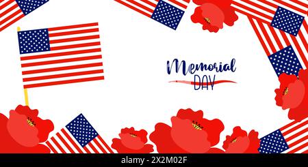 Poster zum Memorial Day. Amerikanische Fahnen mit Mohnblumen auf weißem Hintergrund. Vektorillustration horizontales Banner für Design nationale traditionelle HO Stock Vektor